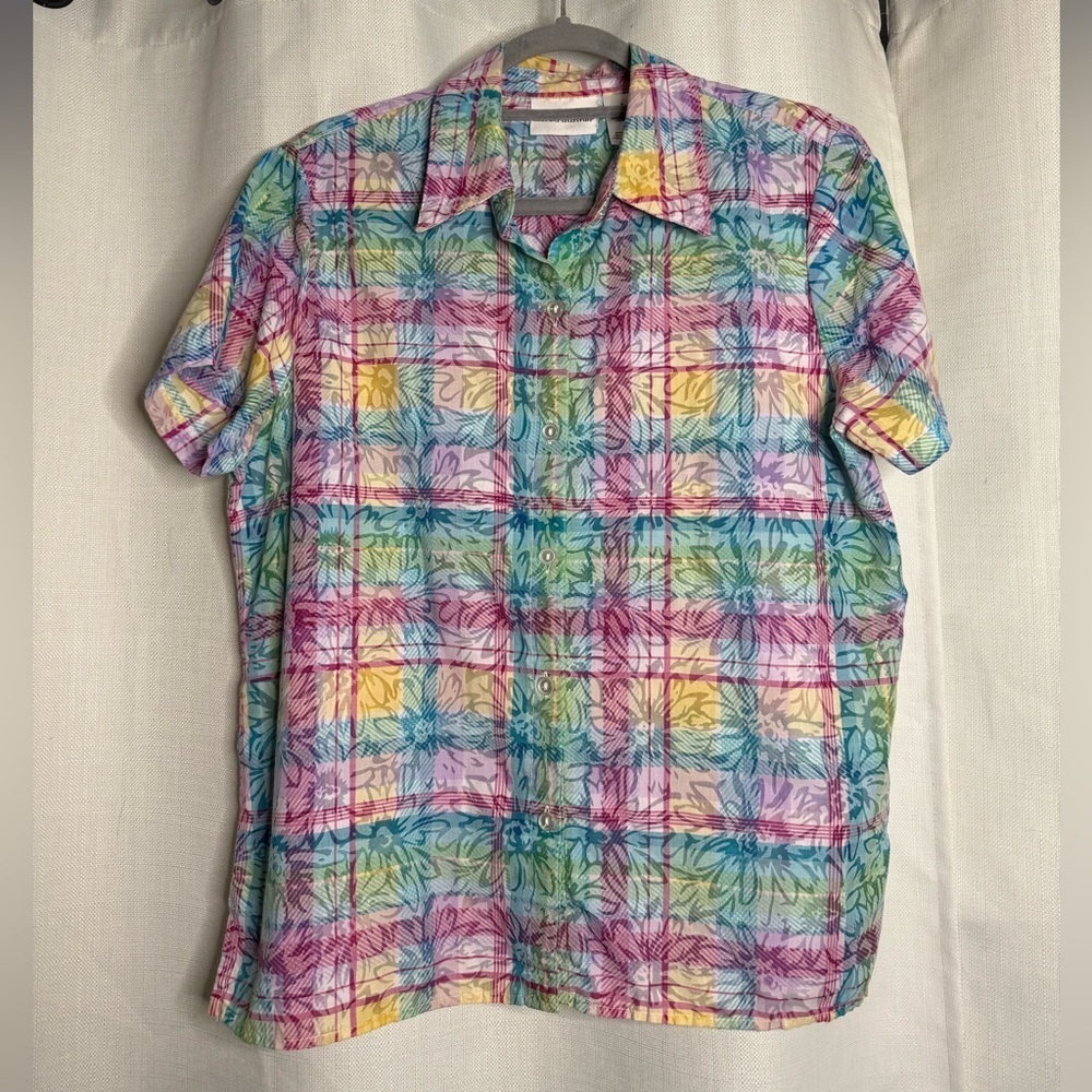 Vintage Alfred Dunner Colorful Plaid Floral Semi Sheer Button Up Oversize Small - Picture 9 of 9